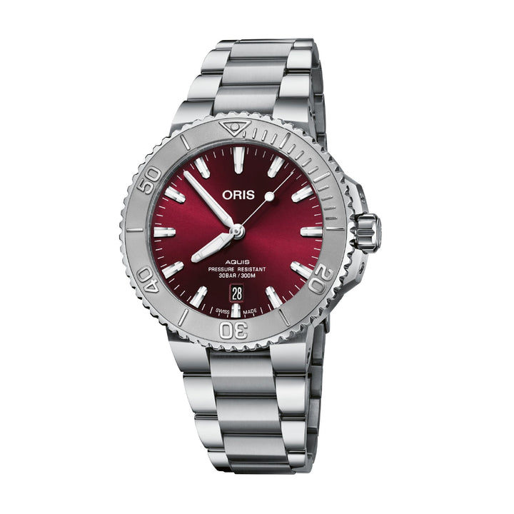 Oris Aquis Date Relief 41.5mm Red Dial Silver Steel Bracelet