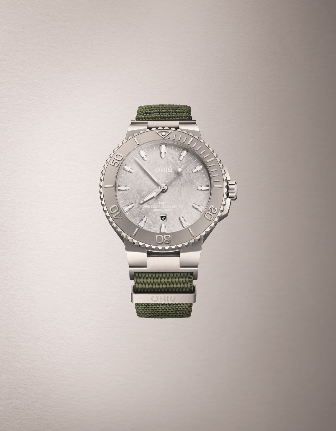 Oris 43.5mm Silver Dial Olive Green Nylon Strap