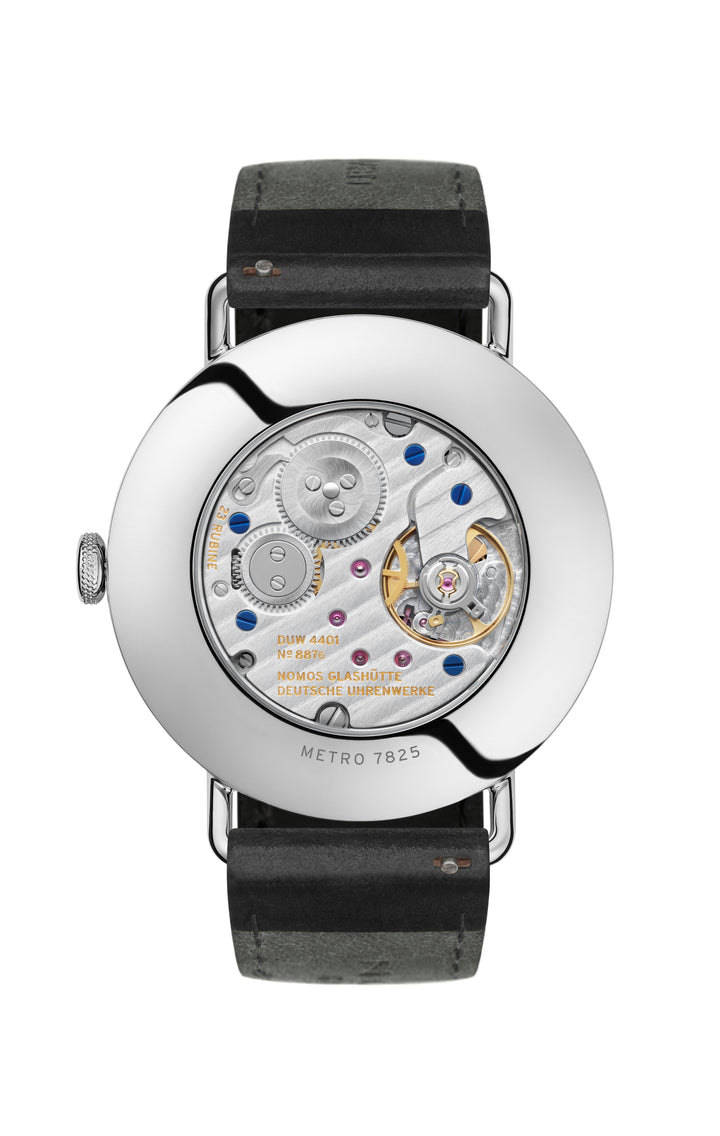 NOMOS Metro 37mm Galvanized, white silver-plated Dial Black Horween Genuine Shell Cordovan with quick-change spring bars Strap