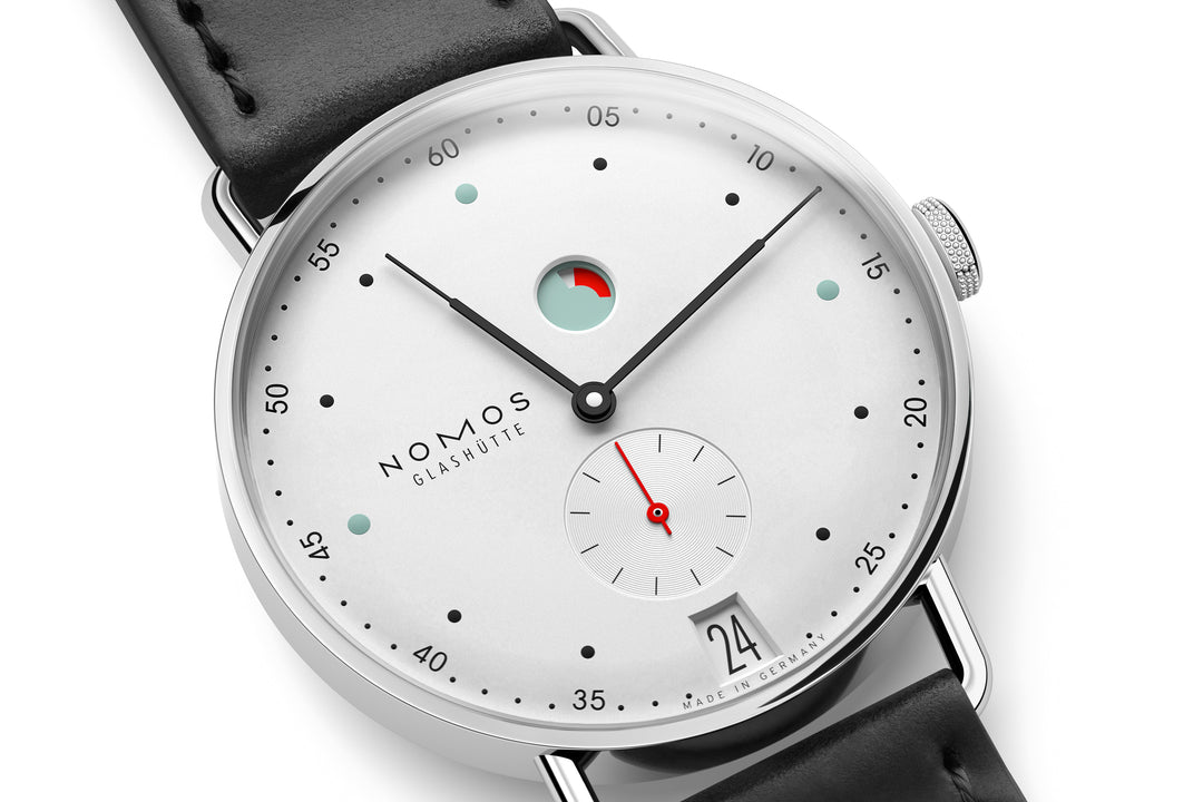 NOMOS Metro 37mm Galvanized, white silver-plated Dial Black Horween Genuine Shell Cordovan with quick-change spring bars Strap