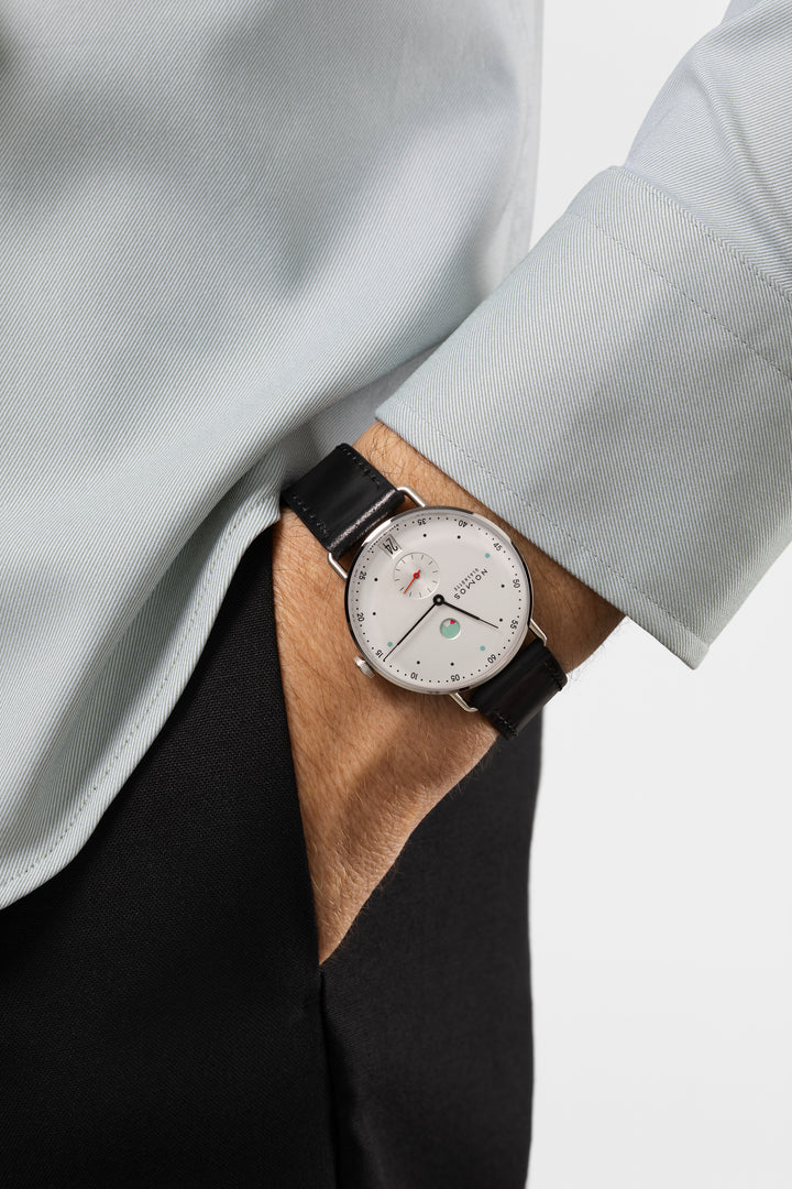 NOMOS Metro 37mm Galvanized, white silver-plated Dial Black Horween Genuine Shell Cordovan with quick-change spring bars Strap