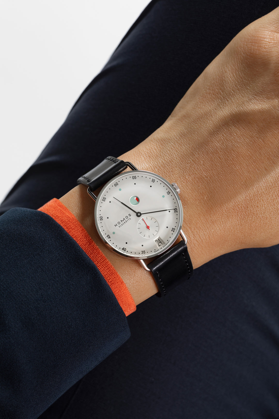NOMOS Metro 37mm Galvanized, white silver-plated Dial Black Horween Genuine Shell Cordovan with quick-change spring bars Strap