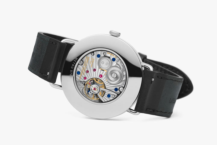 NOMOS Metro 38.5mm Galvanized, white silver-plated Dial Black Horween Genuine Shell Cordovan with quick-change spring bars Strap