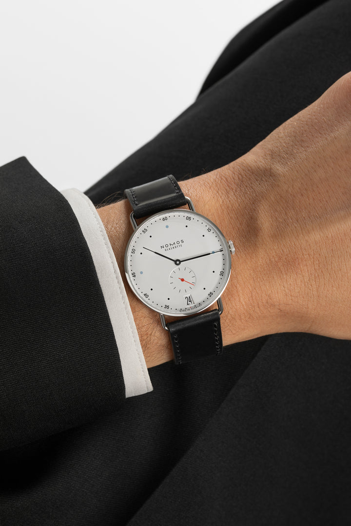 NOMOS Metro 38.5mm Galvanized, white silver-plated Dial Black Horween Genuine Shell Cordovan with quick-change spring bars Strap