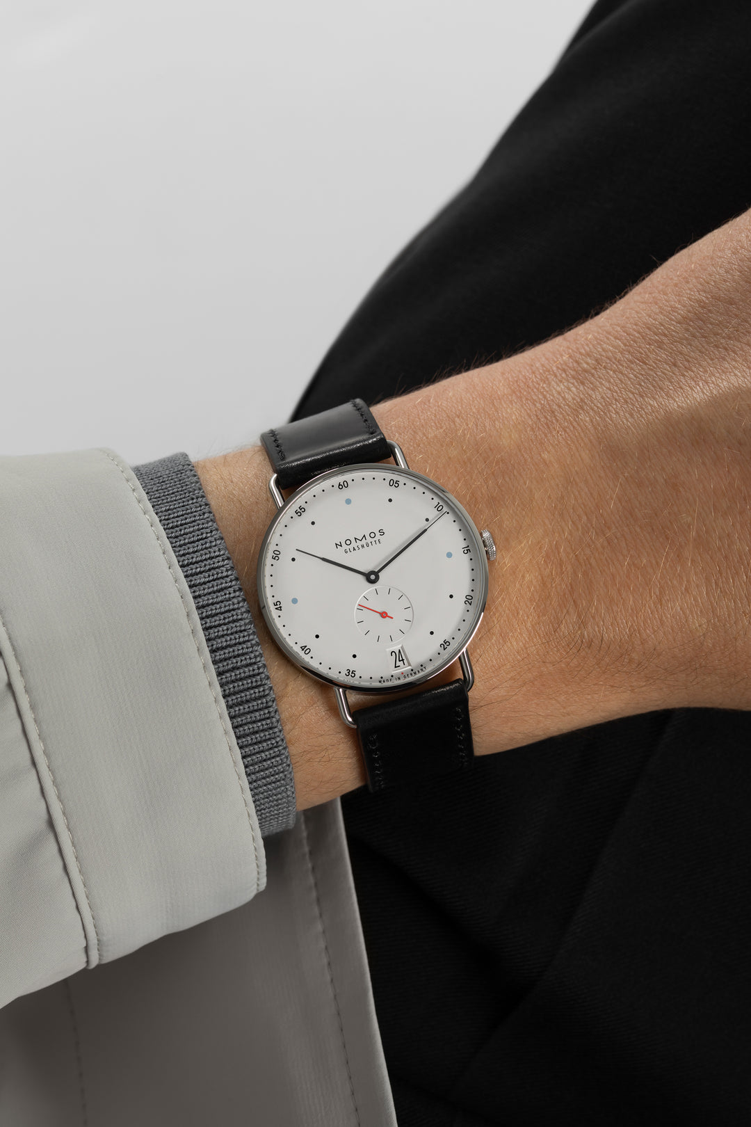 NOMOS Metro 38.5mm Galvanized, white silver-plated Dial Black Horween Genuine Shell Cordovan with quick-change spring bars Strap