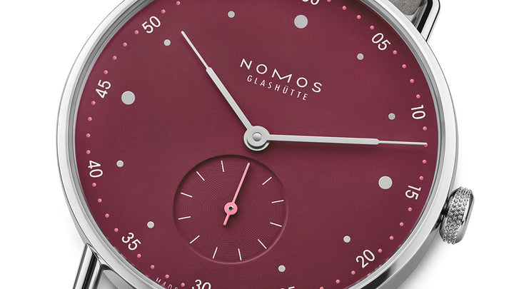 NOMOS Metro 33mm Galvanized, muted red Dial Grey Vegan velour, remborded, with quick-change spring bars Strap