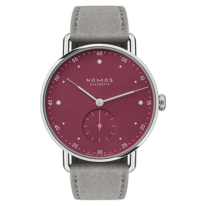 NOMOS Metro 33mm Galvanized, muted red Dial Grey Vegan velour, remborded, with quick-change spring bars Strap