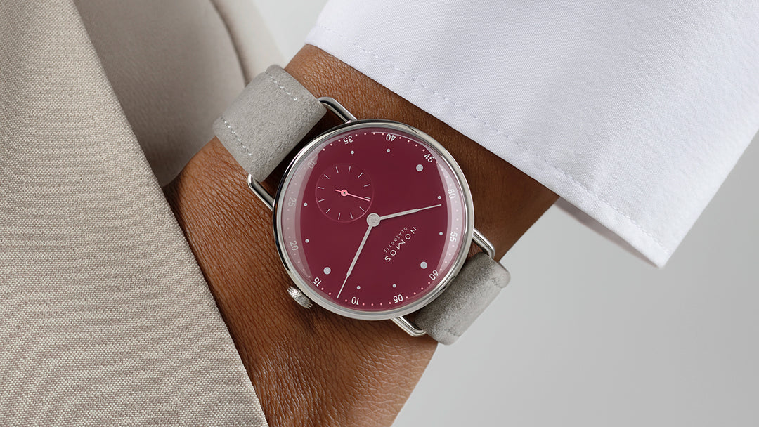 NOMOS Metro 33mm Galvanized, muted red Dial Grey Vegan velour, remborded, with quick-change spring bars Strap