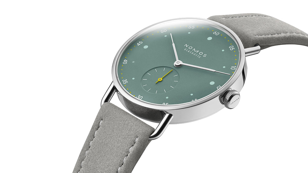 NOMOS Metro 33mm Galvanized, sage green Dial Grey Vegan velour, remborded, with quick-change spring bars Strap