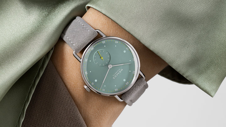 NOMOS Metro 33mm Galvanized, sage green Dial Grey Vegan velour, remborded, with quick-change spring bars Strap