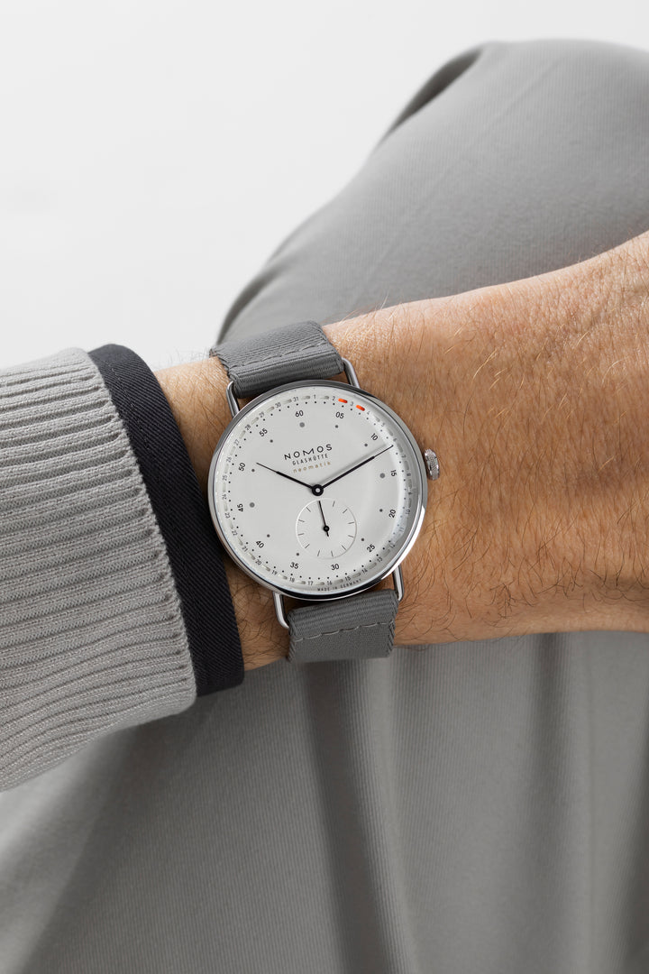 NOMOS Metro 40.5mm Galvanized, white silver-plated Dial Grey Textile strap woven Strap