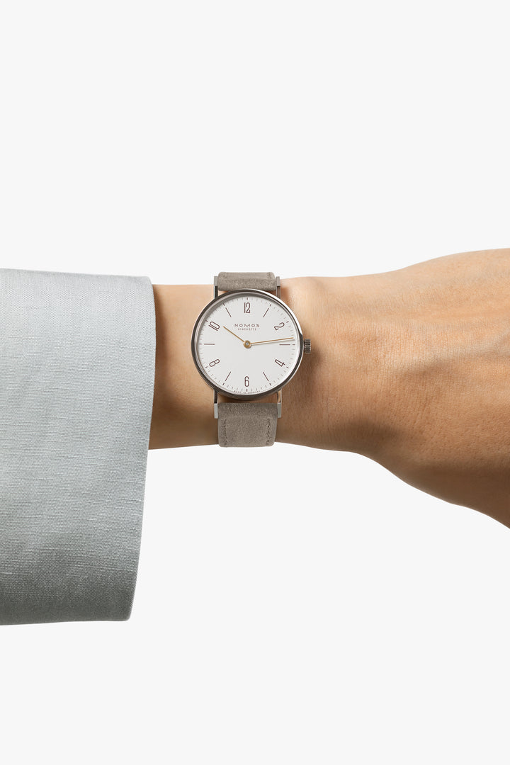 NOMOS Tangente 32.8mm Galvanized, white silver-plated Dial Beige Vegan velour, remborded Strap