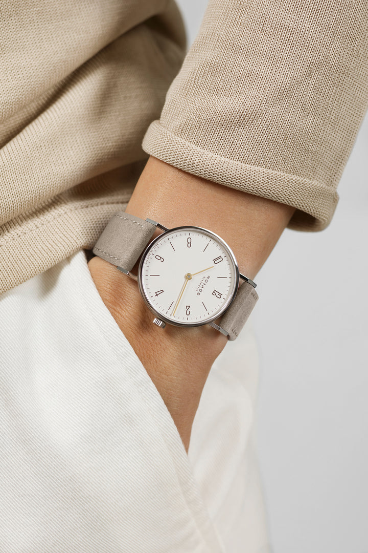 NOMOS Tangente 32.8mm Galvanized, white silver-plated Dial Beige Vegan velour, remborded Strap