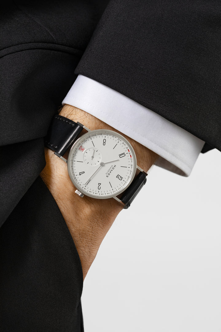 NOMOS Tangente 37.5mm Galvanized, white silver-plated Dial Black Horween Genuine Shell Cordovan Strap