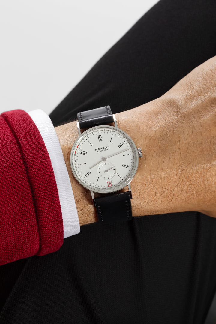 NOMOS Tangente 37.5mm Galvanized, white silver-plated Dial Black Horween Genuine Shell Cordovan Strap