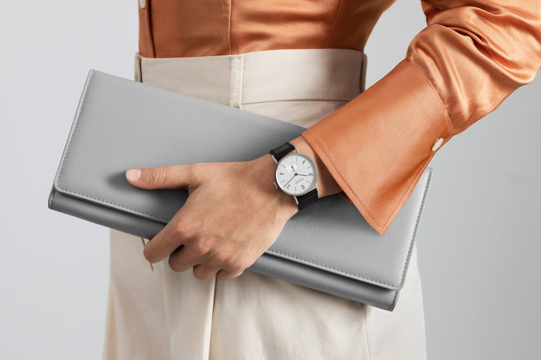NOMOS Tangente 35mm Galvanized, white silver-plated Dial Black Horween Genuine Shell Cordovan Strap