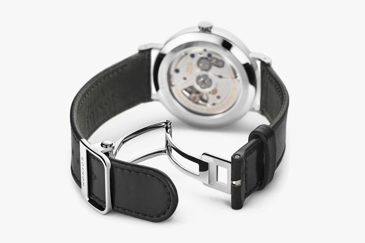 NOMOS Tangente 38.5mm Galvanized, white silver-plated Dial Black Horween Genuine Shell Cordovan remborde, hand-stitched Strap