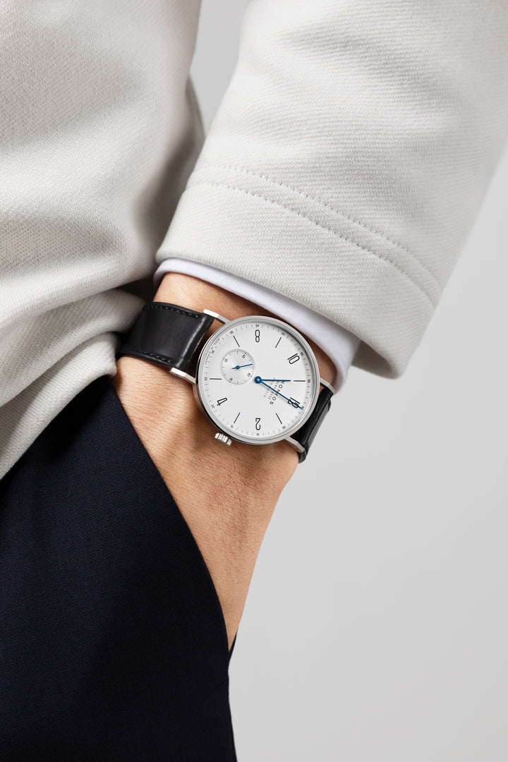 NOMOS Tangente 38.5mm Galvanized, white silver-plated Dial Black Horween Genuine Shell Cordovan remborde, hand-stitched Strap
