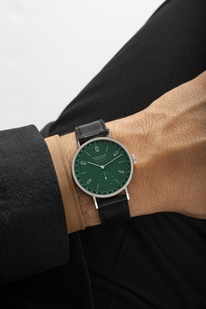 NOMOS Tangente 38.5mm Green Dial Black Horween Genuine Shell Cordovan remborde, hand-stitched Strap