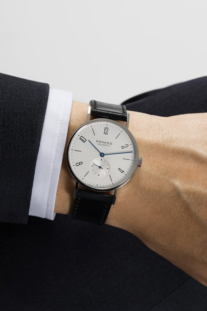 NOMOS Tangente 37.5mm Galvanized, white silver-plated Dial Black Horween Genuine Shell Cordovan Strap