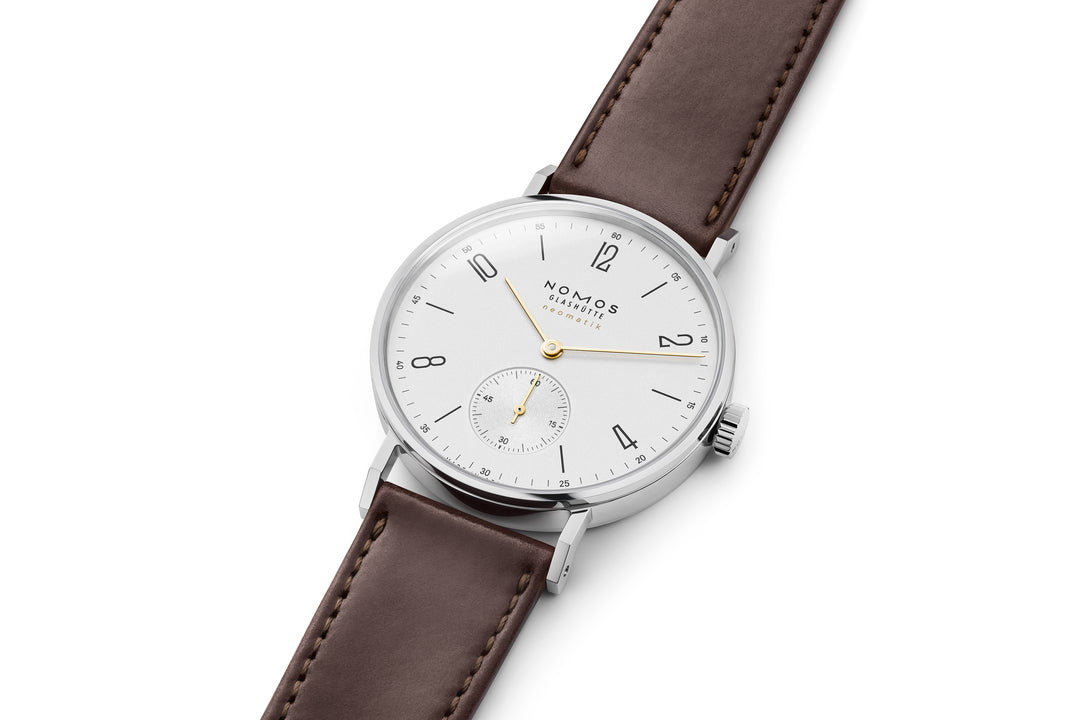 NOMOS Tangente 35mm Galvanized, white silver-plated Dial Brown Horween Genuine Shell Cordovan remborde, hand-stitched Strap