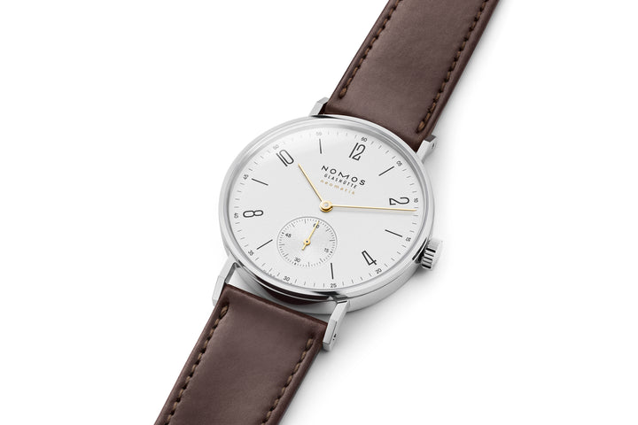 NOMOS Tangente 35mm Galvanized, white silver-plated Dial Brown Horween Genuine Shell Cordovan remborde, hand-stitched Strap