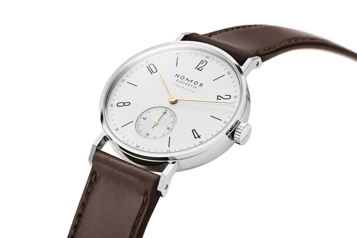 NOMOS Tangente 35mm Galvanized, white silver-plated Dial Brown Horween Genuine Shell Cordovan remborde, hand-stitched Strap