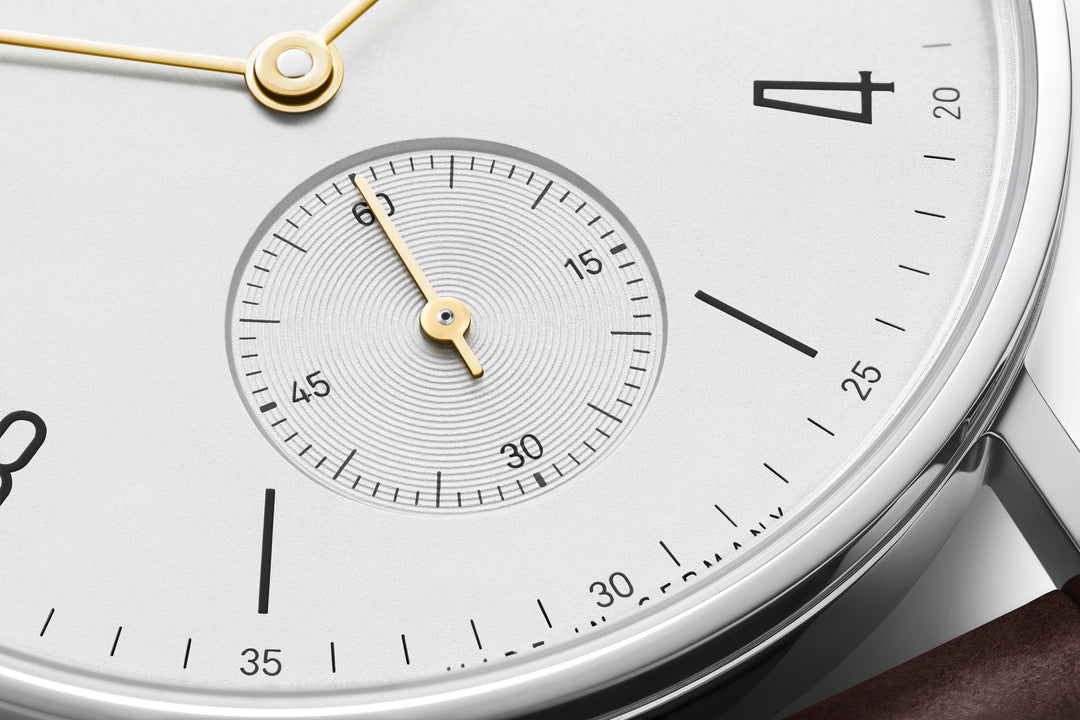 NOMOS Tangente 35mm Galvanized, white silver-plated Dial Brown Horween Genuine Shell Cordovan remborde, hand-stitched Strap