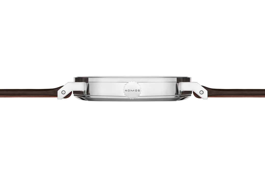 NOMOS Tangente 35mm Galvanized, white silver-plated Dial Brown Horween Genuine Shell Cordovan remborde, hand-stitched Strap