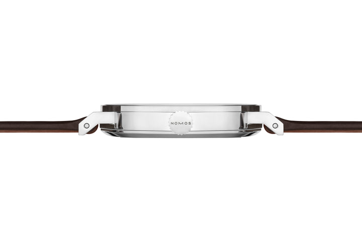 NOMOS Tangente 35mm Galvanized, white silver-plated Dial Brown Horween Genuine Shell Cordovan remborde, hand-stitched Strap