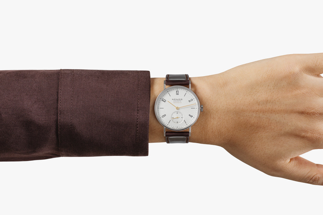 NOMOS Tangente 35mm Galvanized, white silver-plated Dial Brown Horween Genuine Shell Cordovan remborde, hand-stitched Strap