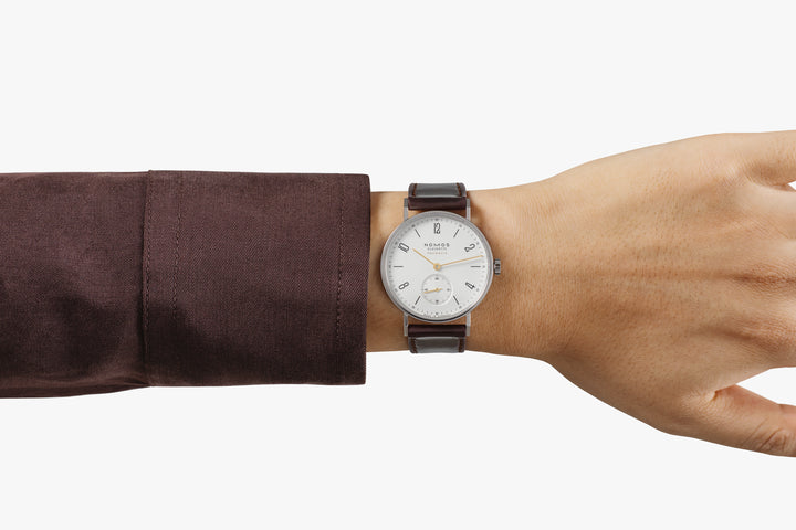 NOMOS Tangente 35mm Galvanized, white silver-plated Dial Brown Horween Genuine Shell Cordovan remborde, hand-stitched Strap