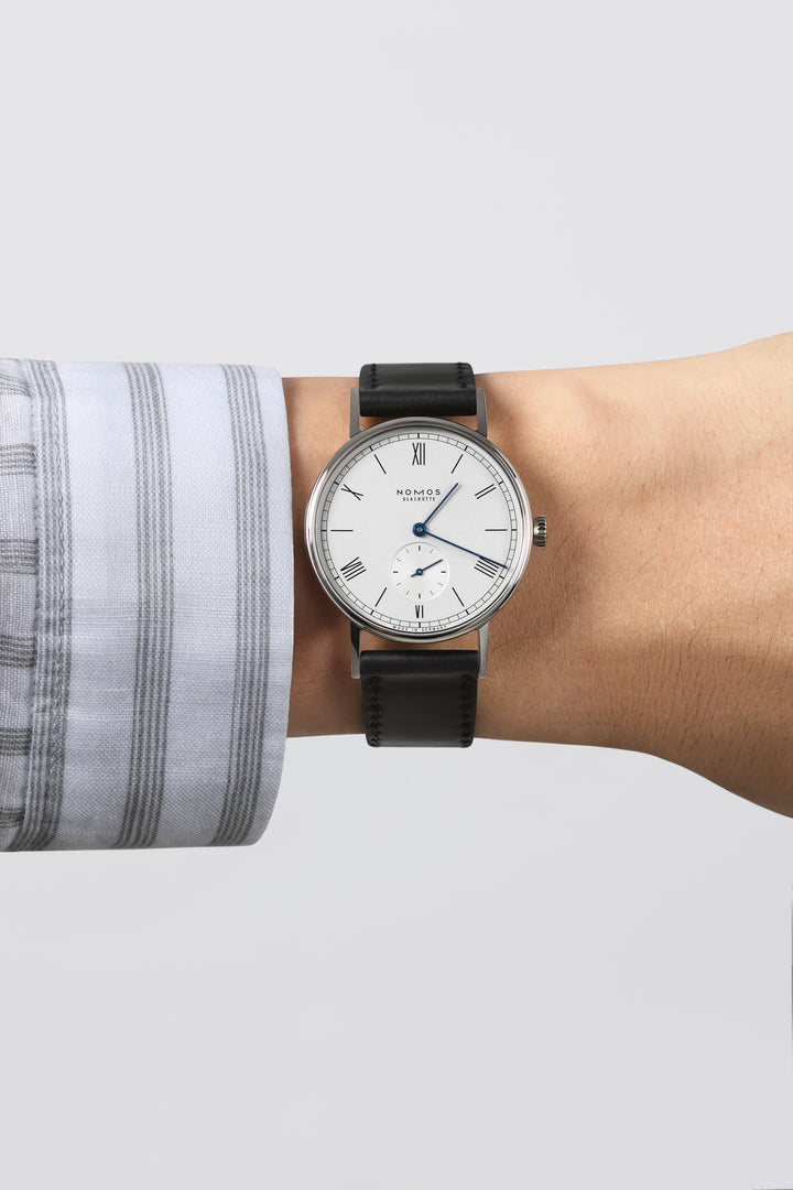 NOMOS Ludwig 35mm Galvanized, white silver-plated Dial Black Horween Genuine Shell Cordovan Strap