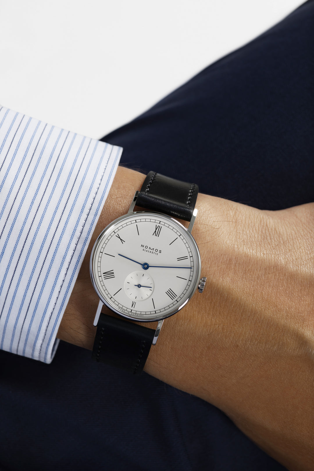 NOMOS Ludwig 35mm Galvanized, white silver-plated Dial Black Horween Genuine Shell Cordovan Strap