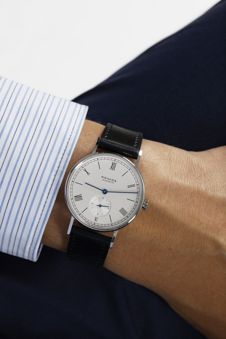 NOMOS Ludwig 35mm Galvanized, white silver-plated Dial Black Horween Genuine Shell Cordovan Strap