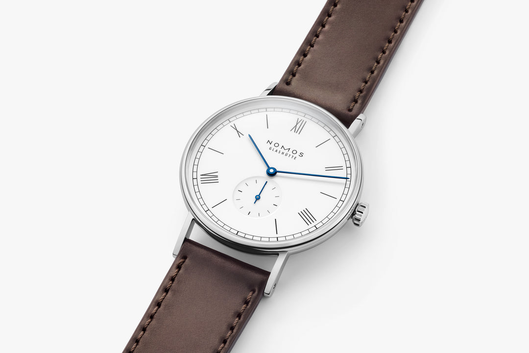 NOMOS Ludwig 37.5mm White laquered, high polished Dial Brown Horween Genuine Shell Cordovan Strap
