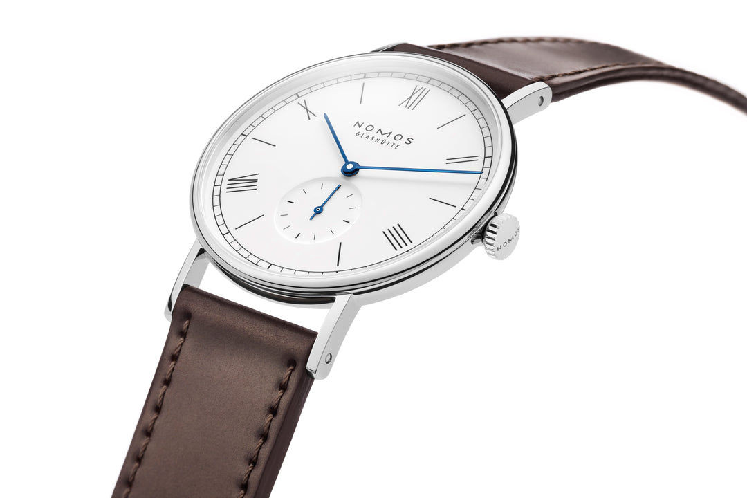 NOMOS Ludwig 37.5mm White laquered, high polished Dial Brown Horween Genuine Shell Cordovan Strap