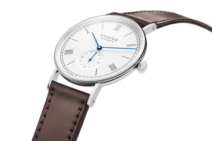 NOMOS Ludwig 37.5mm White laquered, high polished Dial Brown Horween Genuine Shell Cordovan Strap