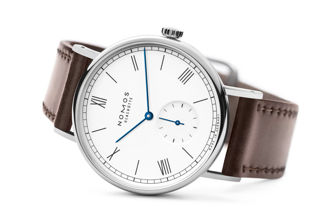 NOMOS Ludwig 37.5mm White laquered, high polished Dial Brown Horween Genuine Shell Cordovan Strap