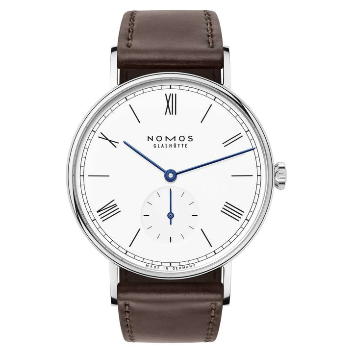 NOMOS Ludwig 37.5mm White laquered, high polished Dial Brown Horween Genuine Shell Cordovan Strap