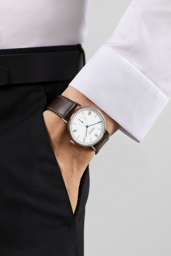 NOMOS Ludwig 37.5mm White laquered, high polished Dial Brown Horween Genuine Shell Cordovan Strap