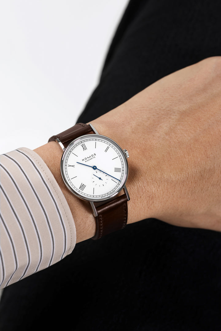 NOMOS Ludwig 37.5mm White laquered, high polished Dial Brown Horween Genuine Shell Cordovan Strap