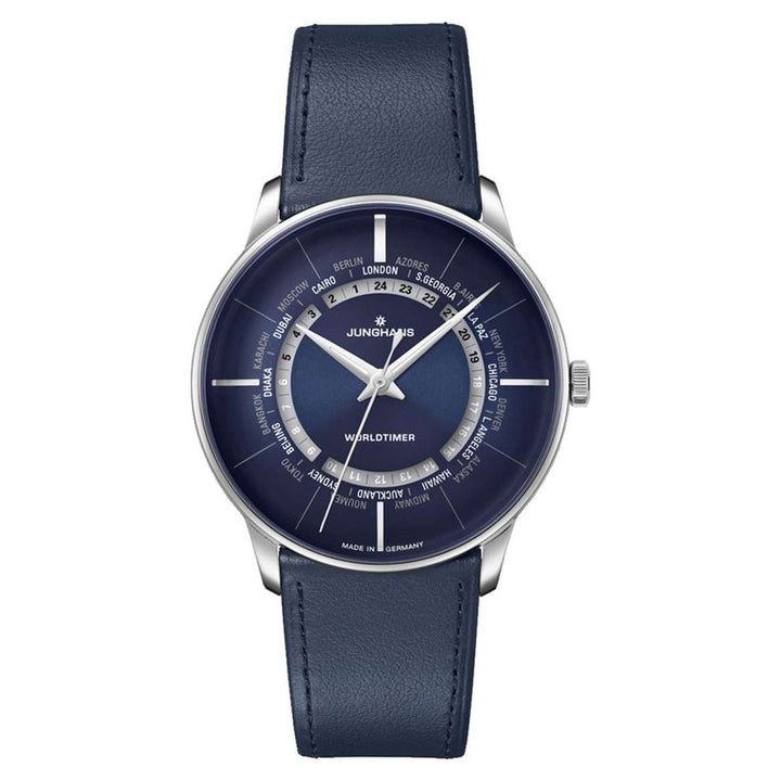 Junghans Meister Worldtimer 40.4mm Navy Dial Navy Leather Strap
