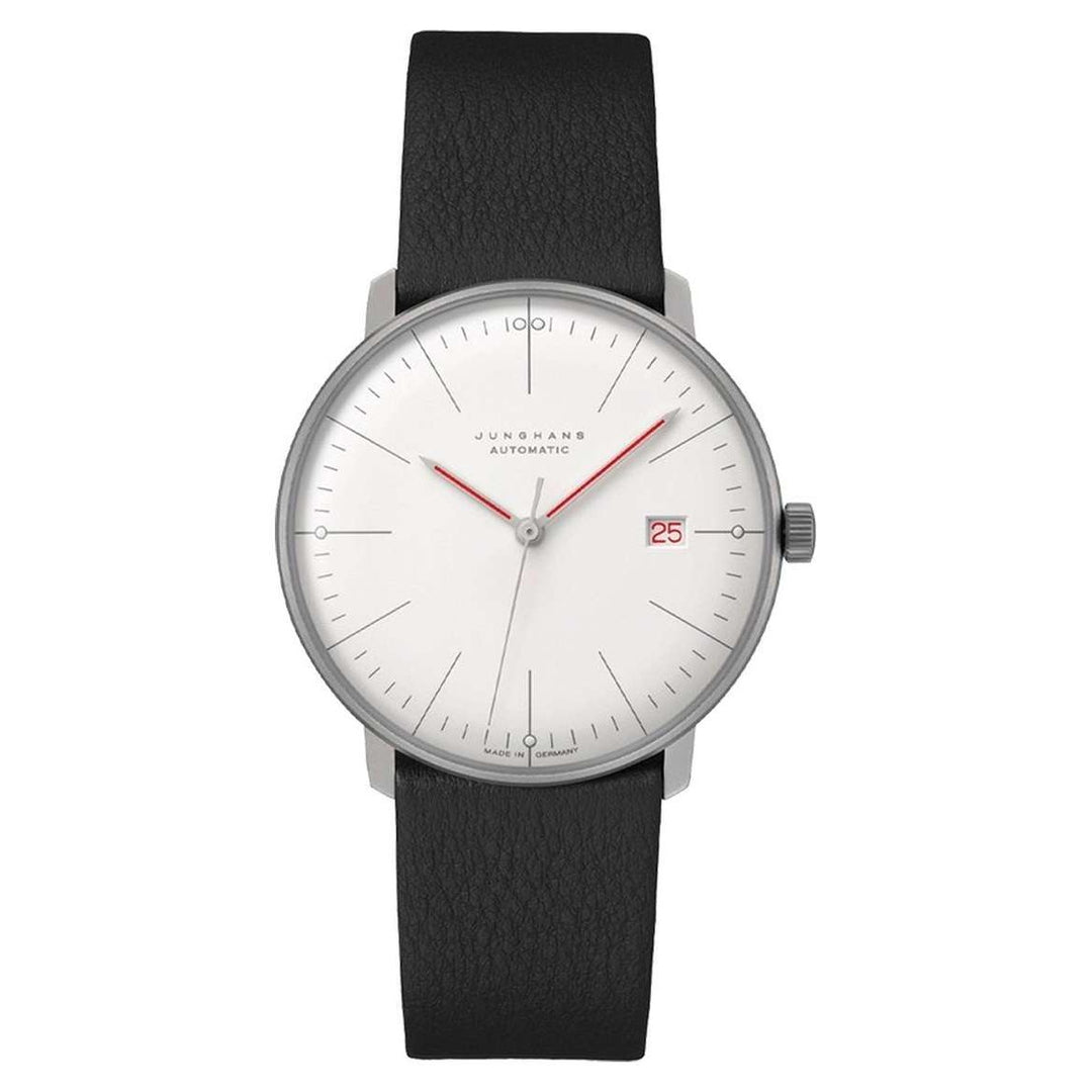 Junghans max bill Automatic Bauhaus 38mm White Dial Black Leather Strap