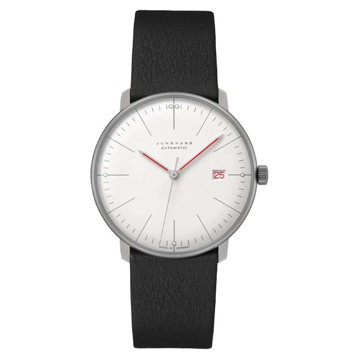 Junghans max bill Automatic Bauhaus 38mm White Dial Black Leather Strap