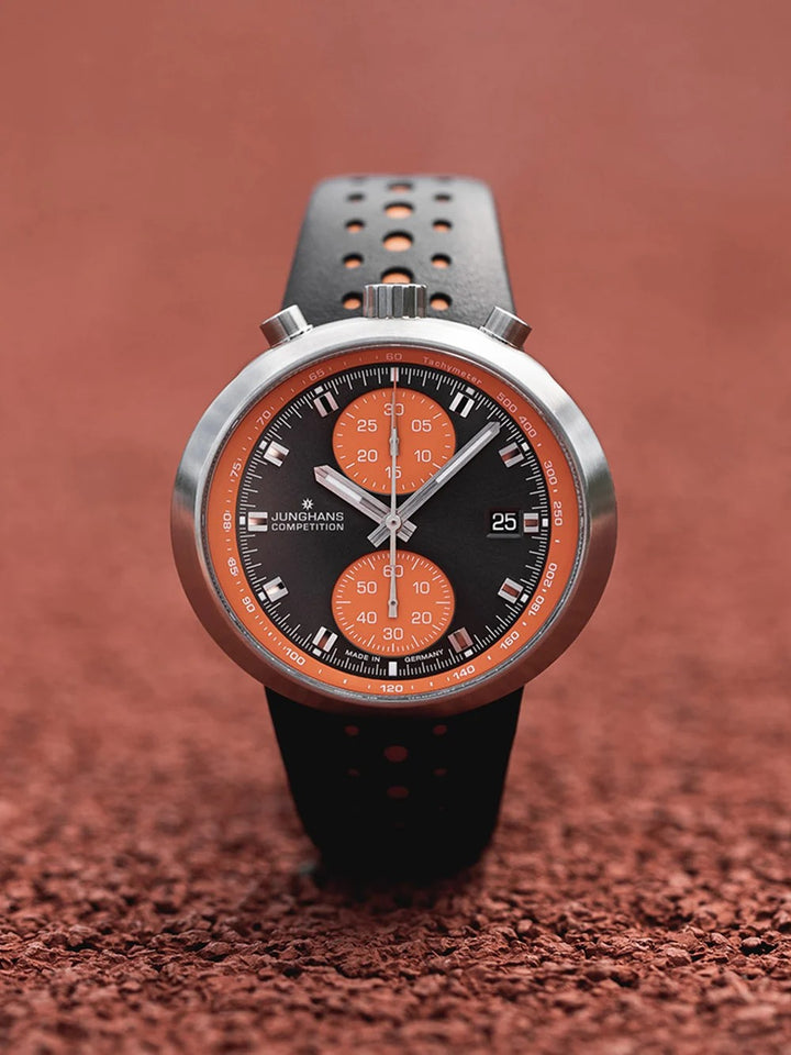 Junghans Sport 1972 Competition 45.5mm Orange & Anthracite Dial Orange & Black Leather Strap