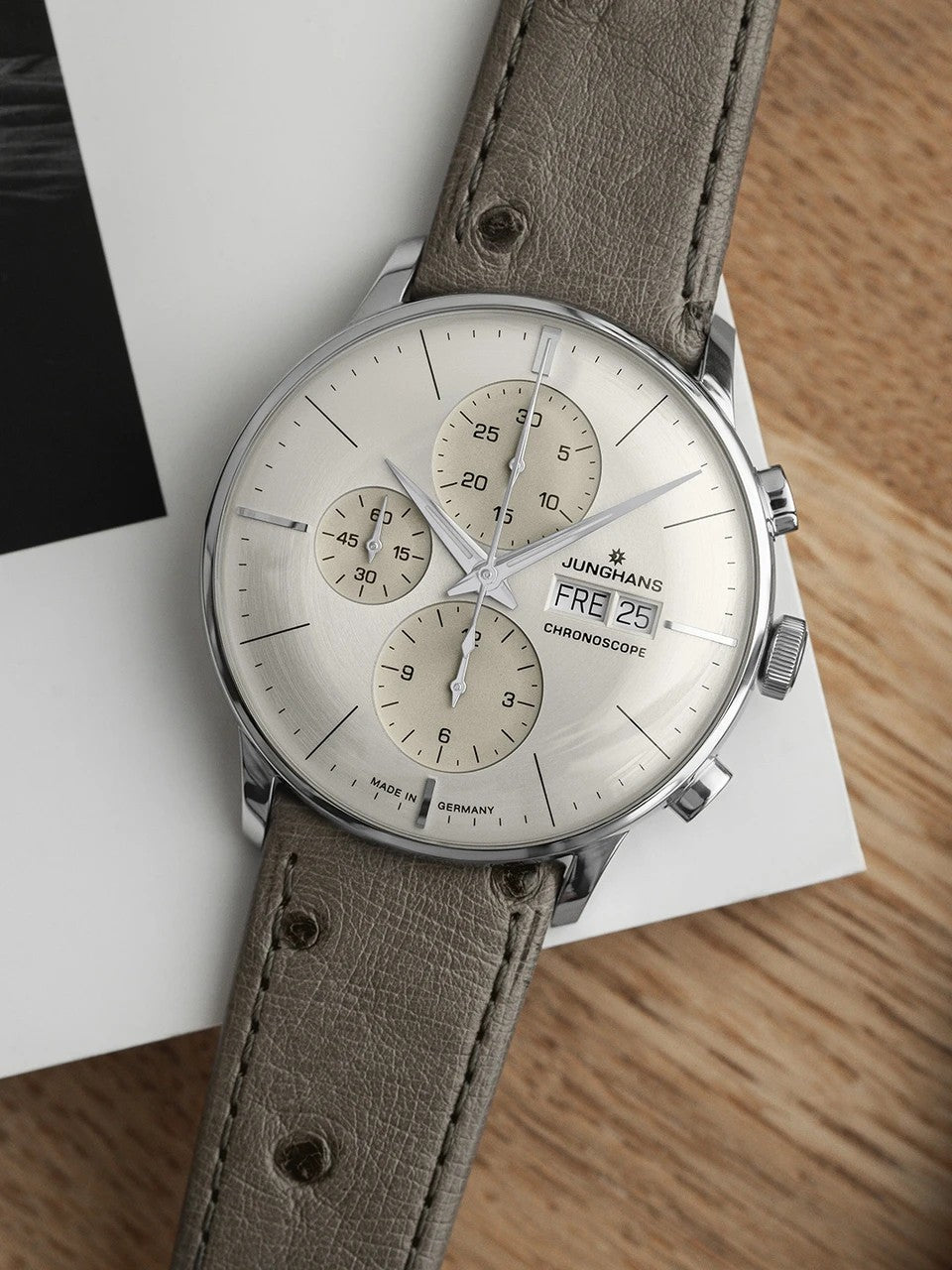 Junghans Meister Chronoscope 40.7mm Beige Dial Light Grey Ostrich Leather Strap