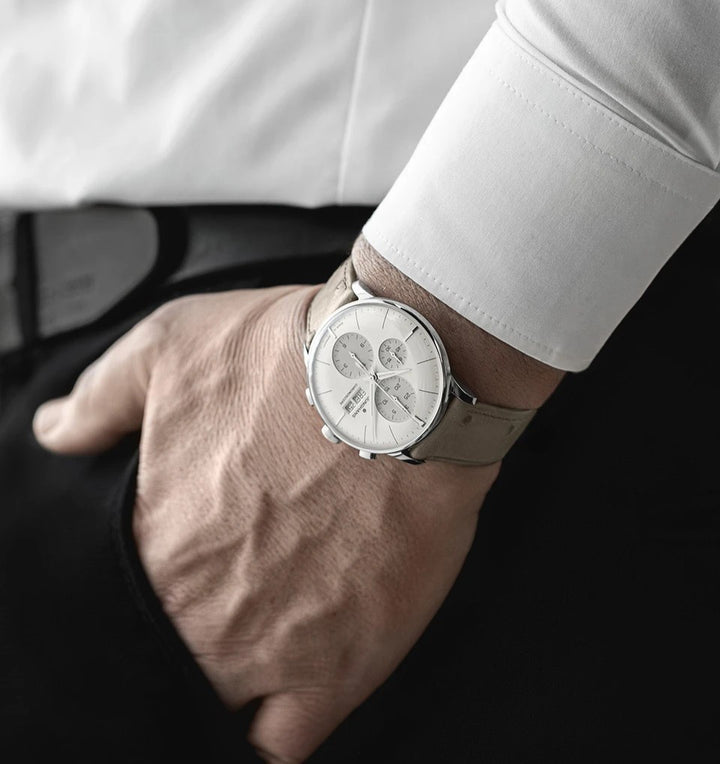 Junghans Meister Chronoscope 40.7mm Beige Dial Light Grey Ostrich Leather Strap