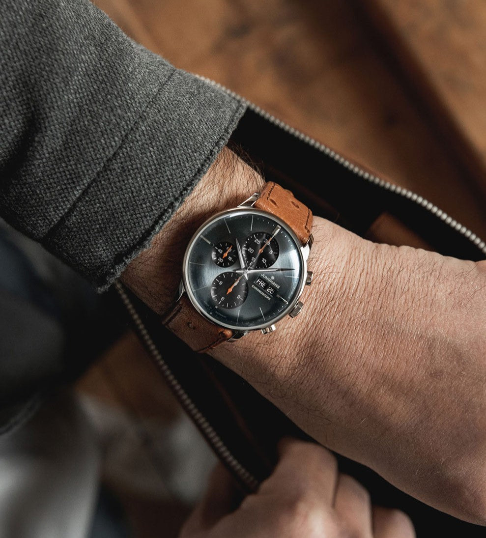Junghans Meister Chronoscope 40.7mm Sapphire Grey Dial Brown Ostrich Leather Strap