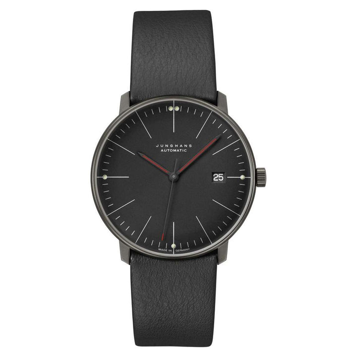 Junghans max bill Automatic Bauhaus 38mm Black Dial Black Leather Strap
